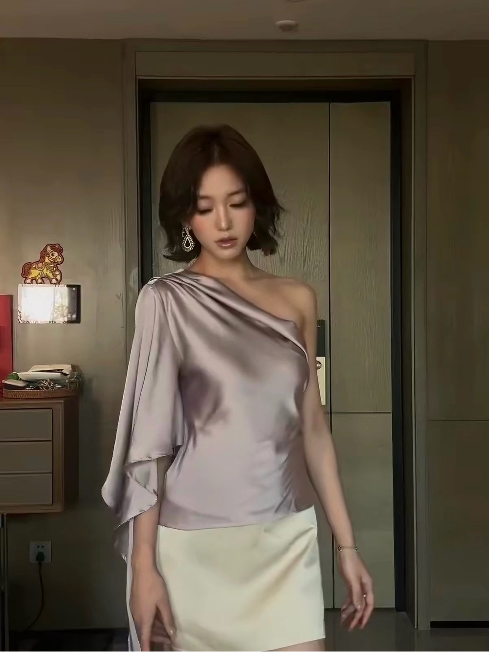 One-Shoulder Satin Blouse in Light Lavender - Women Tops